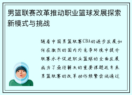 男篮联赛改革推动职业篮球发展探索新模式与挑战