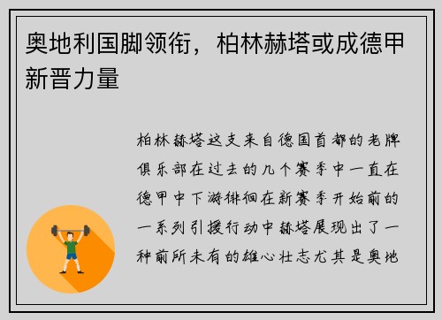 奥地利国脚领衔，柏林赫塔或成德甲新晋力量