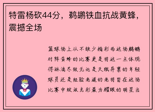 特雷杨砍44分，鹈鹕铁血抗战黄蜂，震撼全场